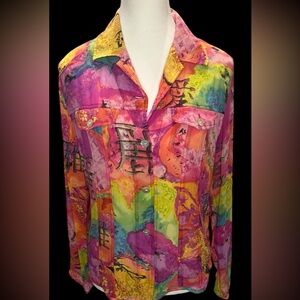 CHICOS 100% Silk vibrant watercolor abstract Asian inspired print top Size Small